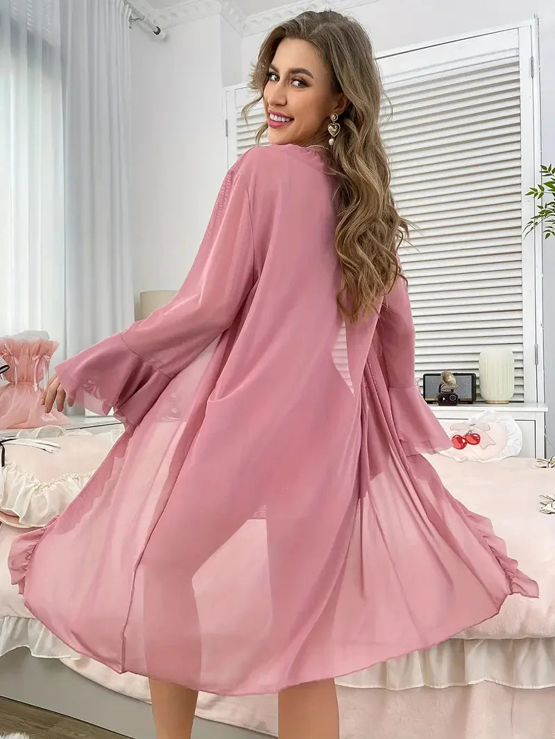 Women Sexy Robe Lingerie Set Lace V-neck Cami Dress with Transparent Mesh Night Gown Robe Nightwear Female Leisure Sleepwear