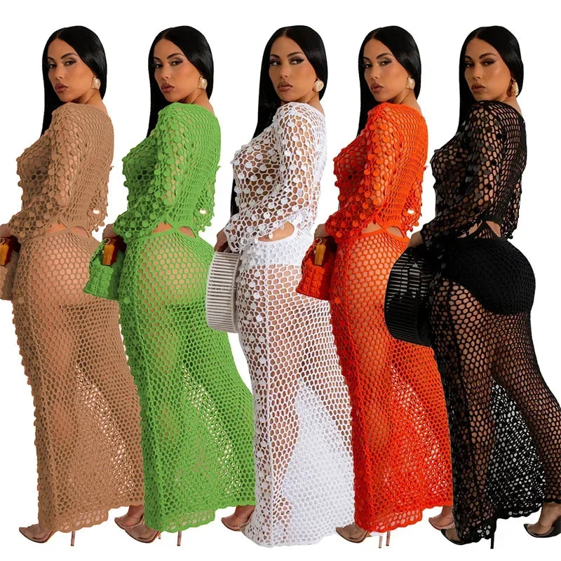Sexy Party Dresses Sequined Crochet Knitted Beach Dress for Women Summer See-through Cover Up Bodycon Maxi Dress Vacation Club