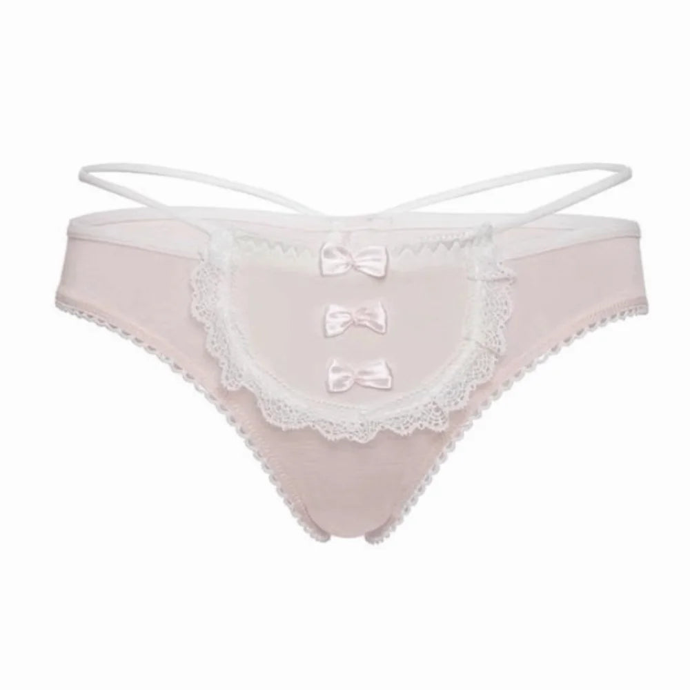 Lingerie Bow Lace Flower Panties Seamless Mid Waist Lace Mesh Briefs Hollow Transparent French Style Briefs Girl