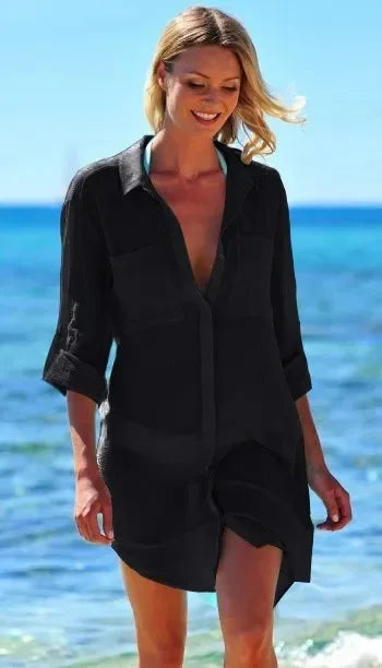 Sexy Beach Cover Up Women Bikini Pocket Swimsuit Cover Up Hollow Out T-shirt White Bathing Suit Cover-Ups Tunics Beachwear Robe