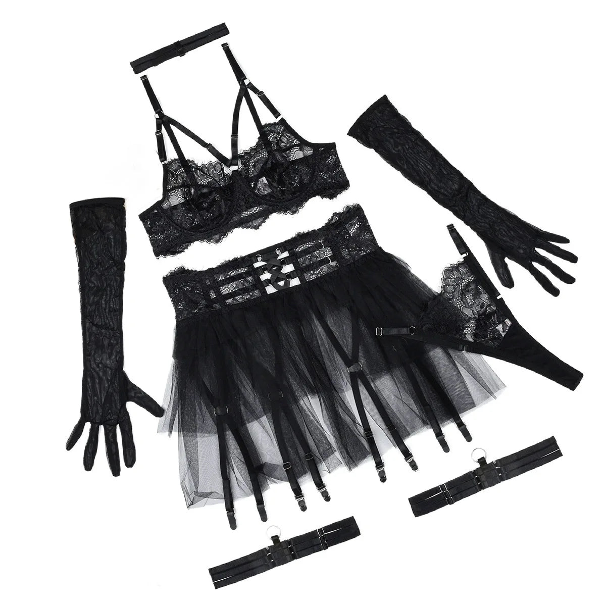 Lace Lingerie With Long Gloves See Through Bra Ruffle Suspenders Fantasy Underwear Sexiest Fancy Erotic Outfits fishnet bodysuit