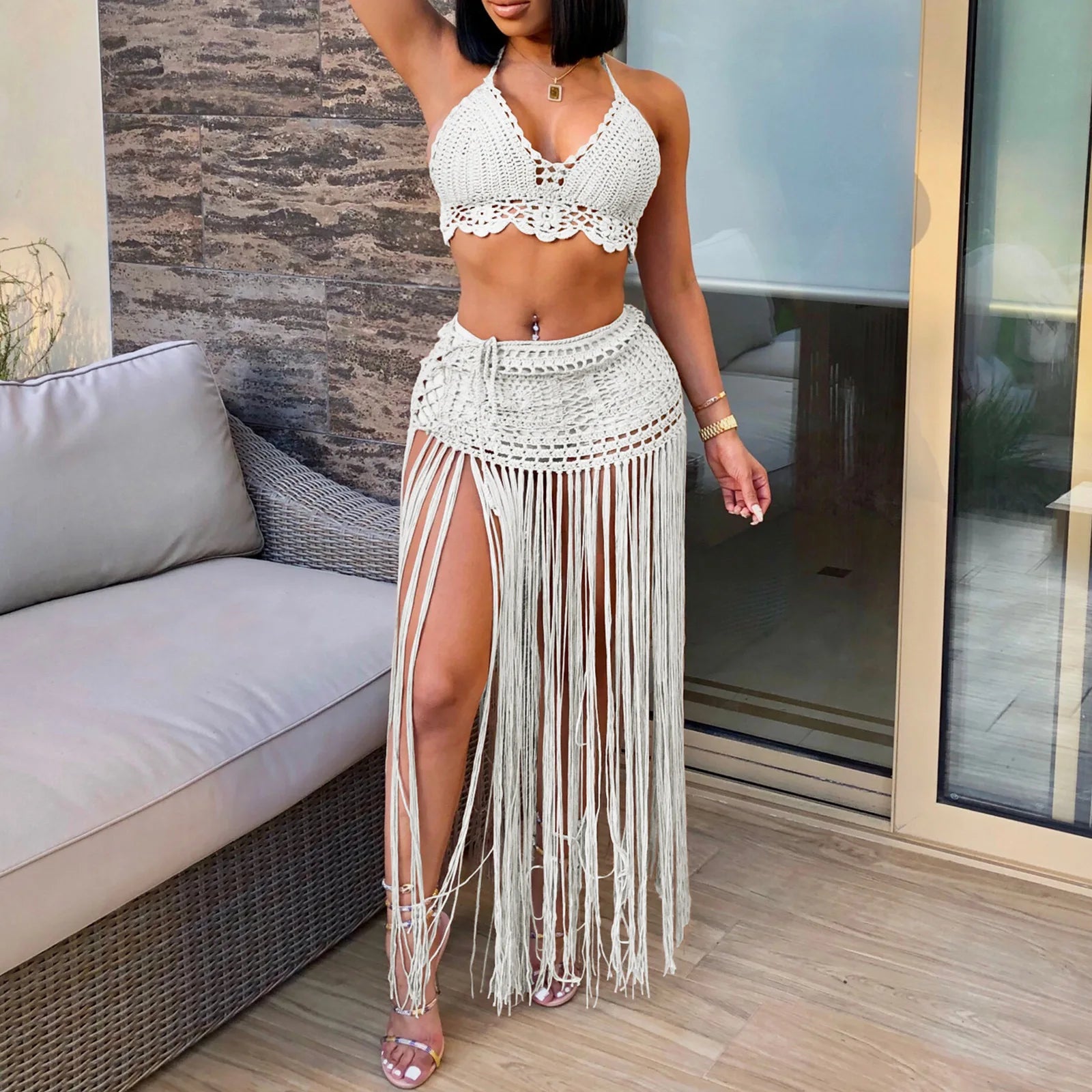 New Women's Two Pieces Swimsuits Beach Style Knitted Bikini Tops High Waist Tassel Long Skirts Female Sexy Cover Up Bikini Sets