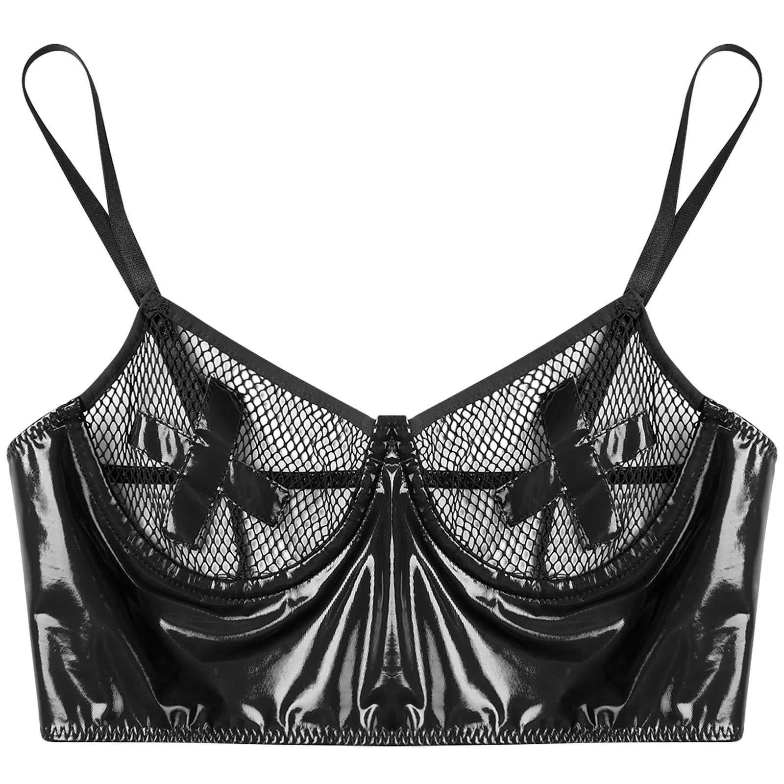 Womens Lingerie Fishnet Mesh Bra Bustier See Through Mesh Underwire Balconette Back Zipper Bras Sexy Push Up Wet Look Crop Top