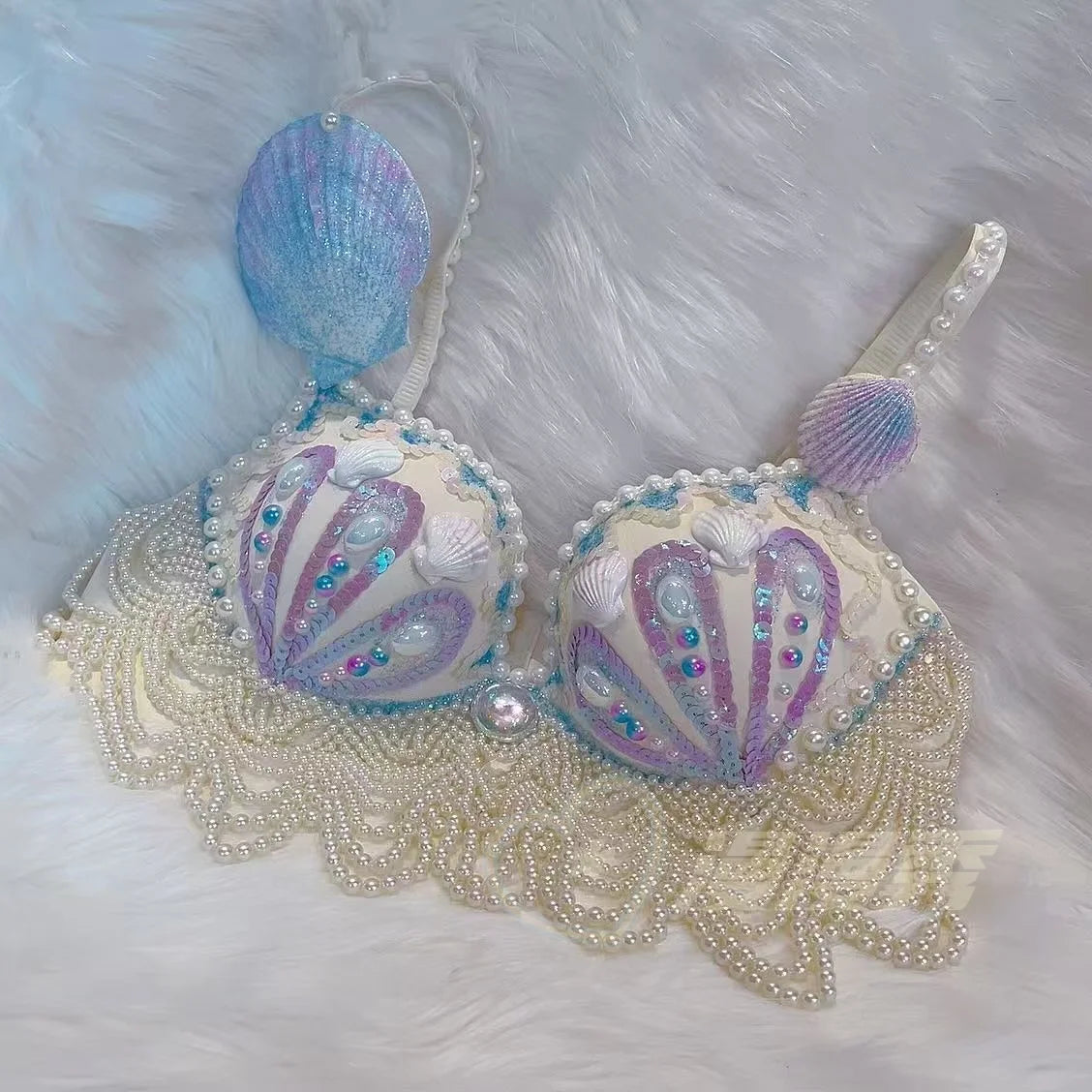 customized sparkling iridescent sequin shell bra pearl chain tassel pool party bra beach vacation pearl jacket belly dance bras