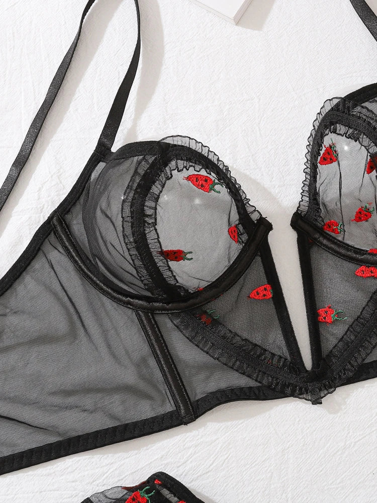 Women's Erotic Lingerie Off Shoulder Tight V-neck Top Transparent Mesh Heart-shaped Printed Lingerie Tight Erotic Two-piece set