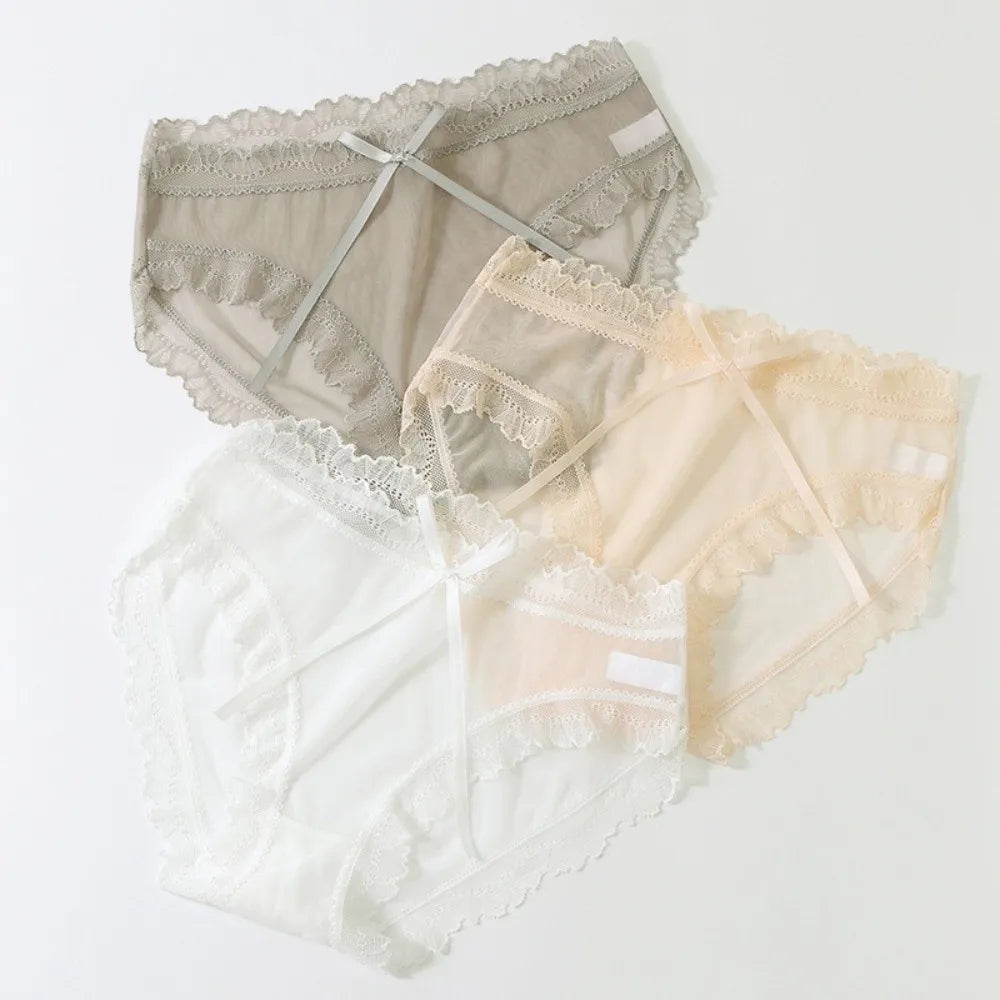 Lingerie Low Waist Lace Panties Ice Silk Cotton Crotch Mesh Briefs Bow Underwear for Women Summer