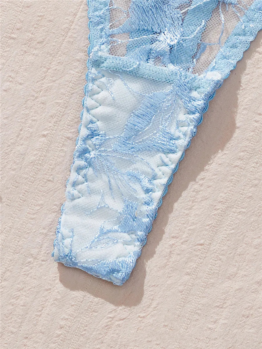 Sexy Lingerie Set Embroidery Romantic Bra Brief Set Transparent Underwear Thong New Fashion Lace See Through Blue Exotic Sets