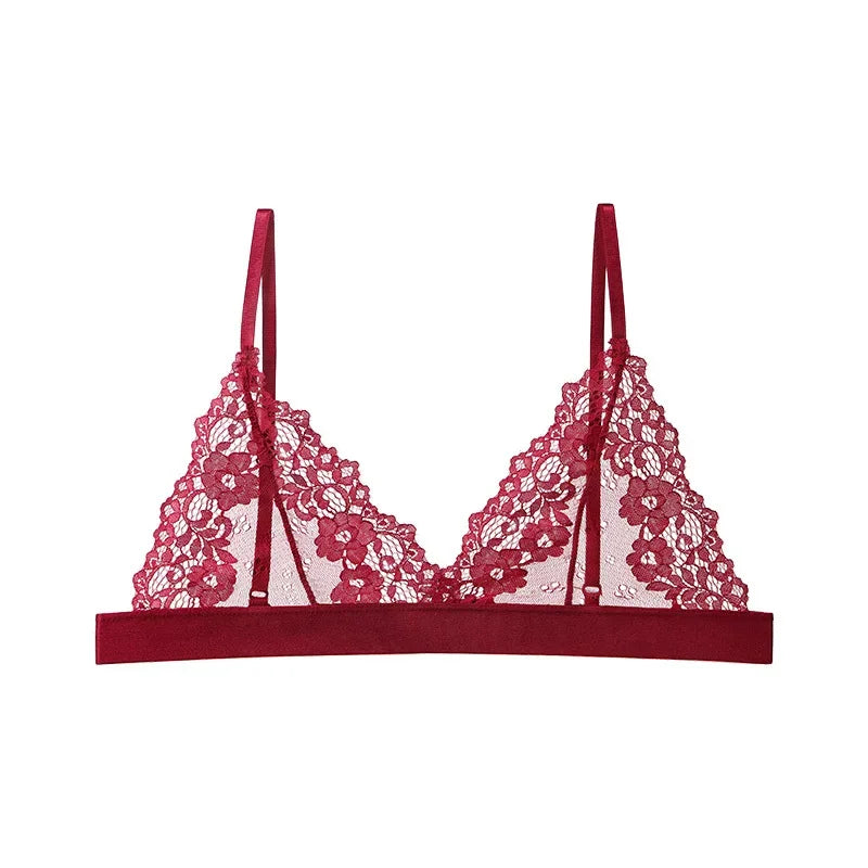 Plus Size Romantic Full Lace Bralette for Women Sexy French Style Sheer Wireless Bra Ultra Thin Hollow Out Demi Cup Brassiere