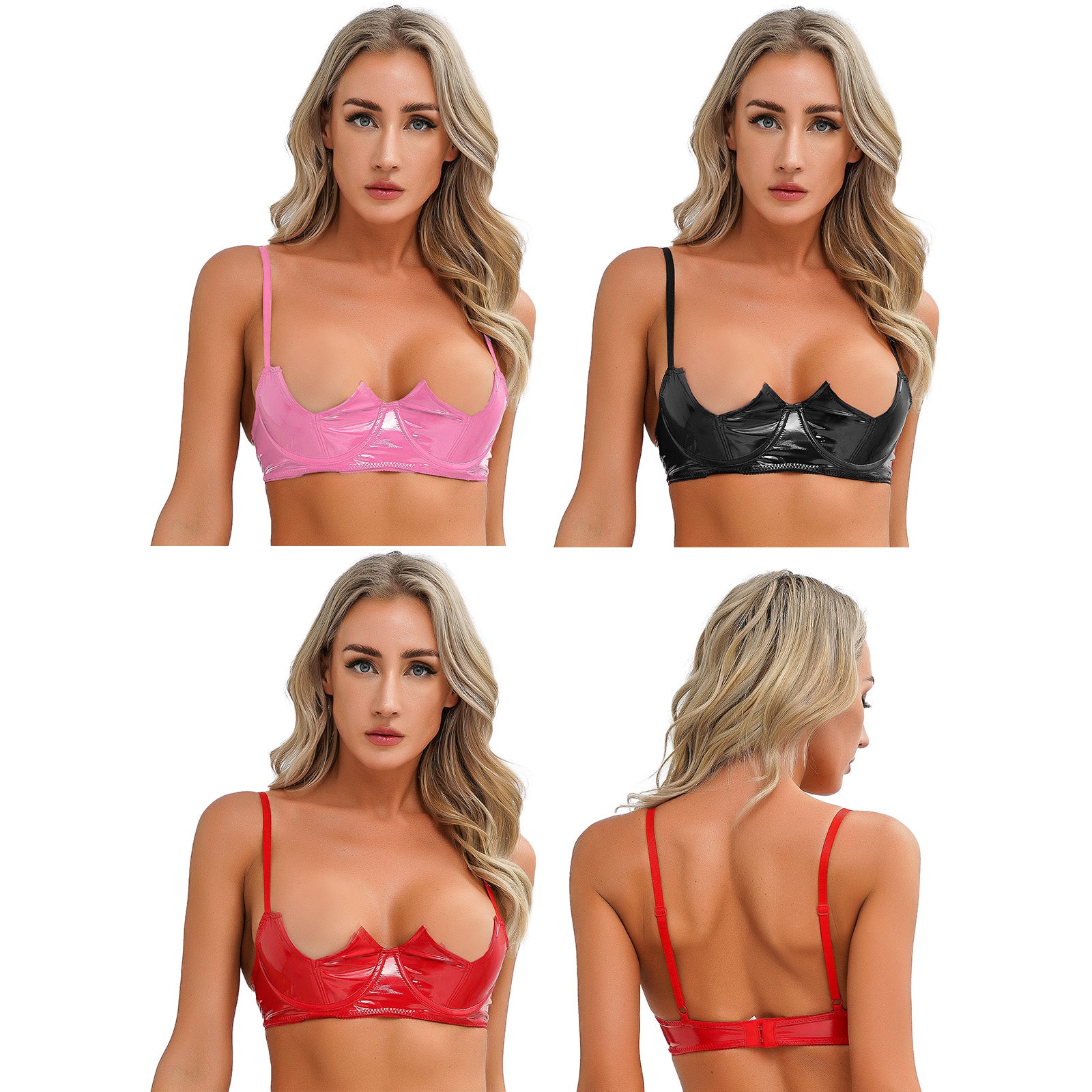 Women Sexy Exposed Nipple Bras Wet Look Patent Leather Underwired Brassiere Top Lingerie for Nightclub Pole Dacing Nightwear
