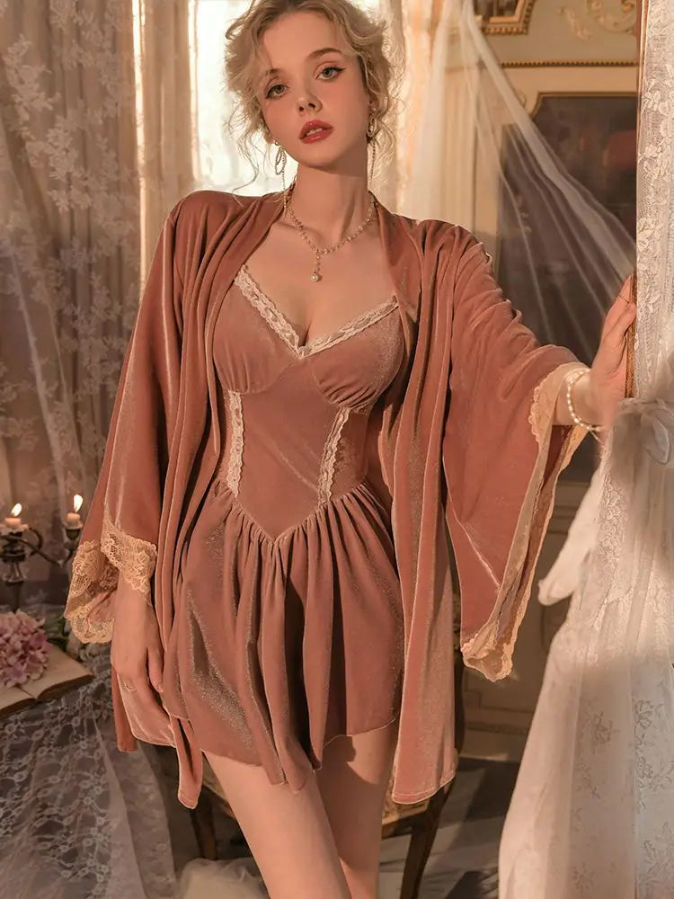 Women Robe Nightwear Lace French Nightgown Sleepwear Hollow out velvet camisole Lingerie Robe 2022 Spring Autumn Set Sexy Sweet