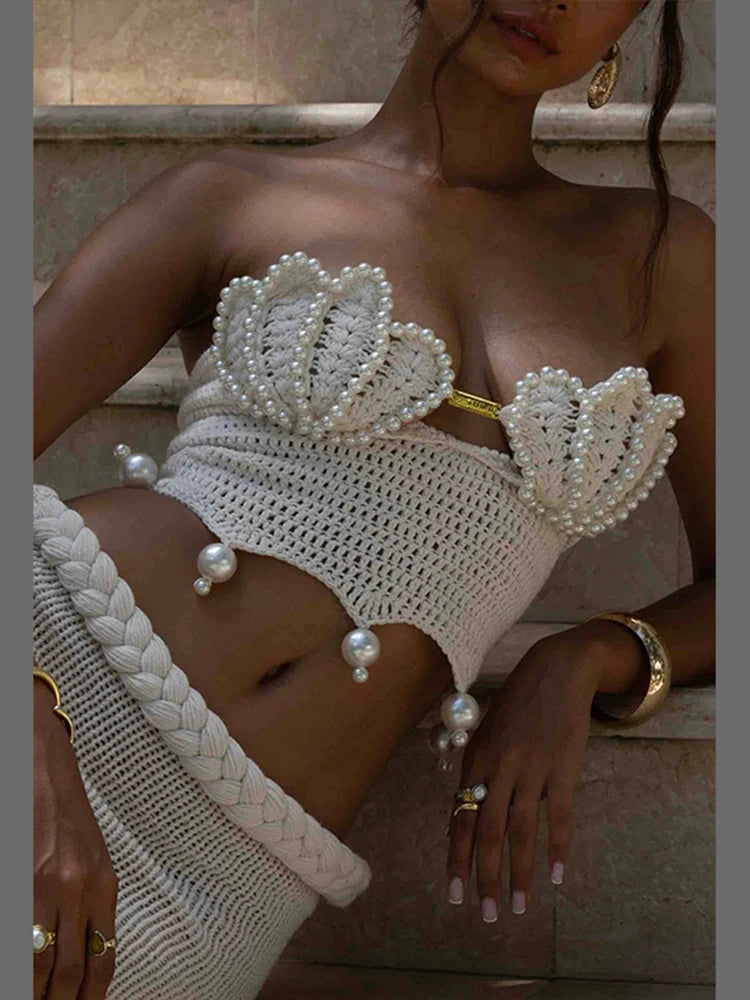 Sexy Crochet Hollow Out Pearl Skirt Set Women White Crop Bikini Tops Slim Hip Package Skirts 2026 Spring Lady Beach Outfits New