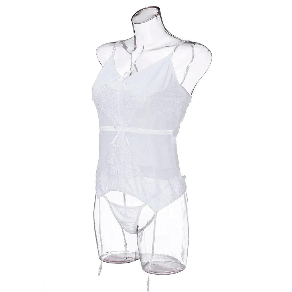 Women Lingerie Set White Bustier Corset Sexy Girdle Waist Cincher With Thong Sexy Perspective White Erotic Underwear Baby Doll