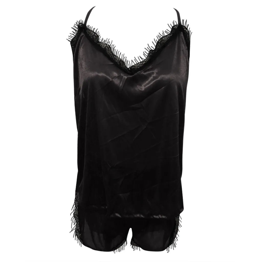 Sexy Lingerie Women Sleepwear Sleeveless Strap Nightwear Trim Satin Cami Top Pajama Sets Sexy-porn Body Lingerie Women