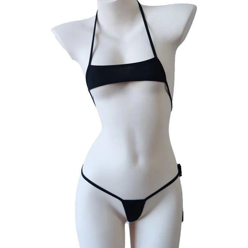 Sexy Lingerie Women's Bikini Exotic Sets Pink Tight Swimsuit T-Panties Set Thin Lace Up Transparent Bikinis Sets Spring Summer