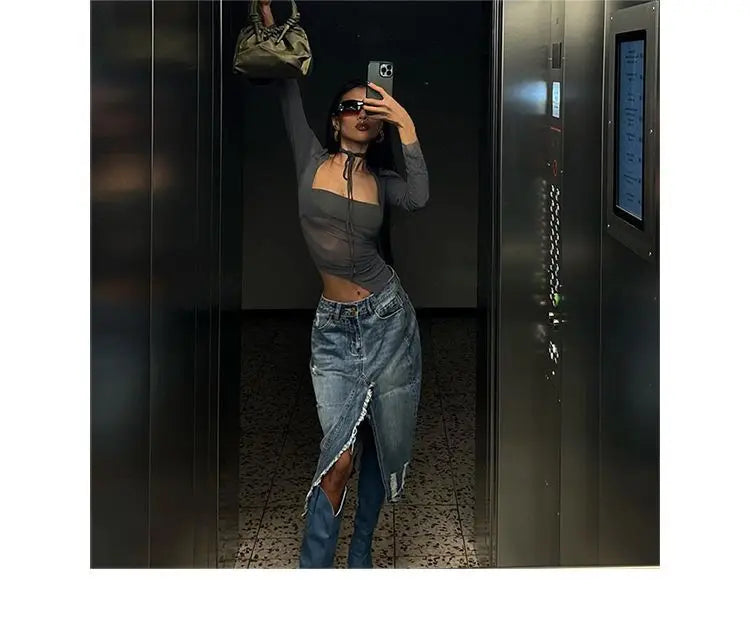 Sexy Spice Girl T-shirt with Irregular Long Sleeves and Short Waist-exposed Tops 2025 Spring and Autumn Fashion Women's Wear