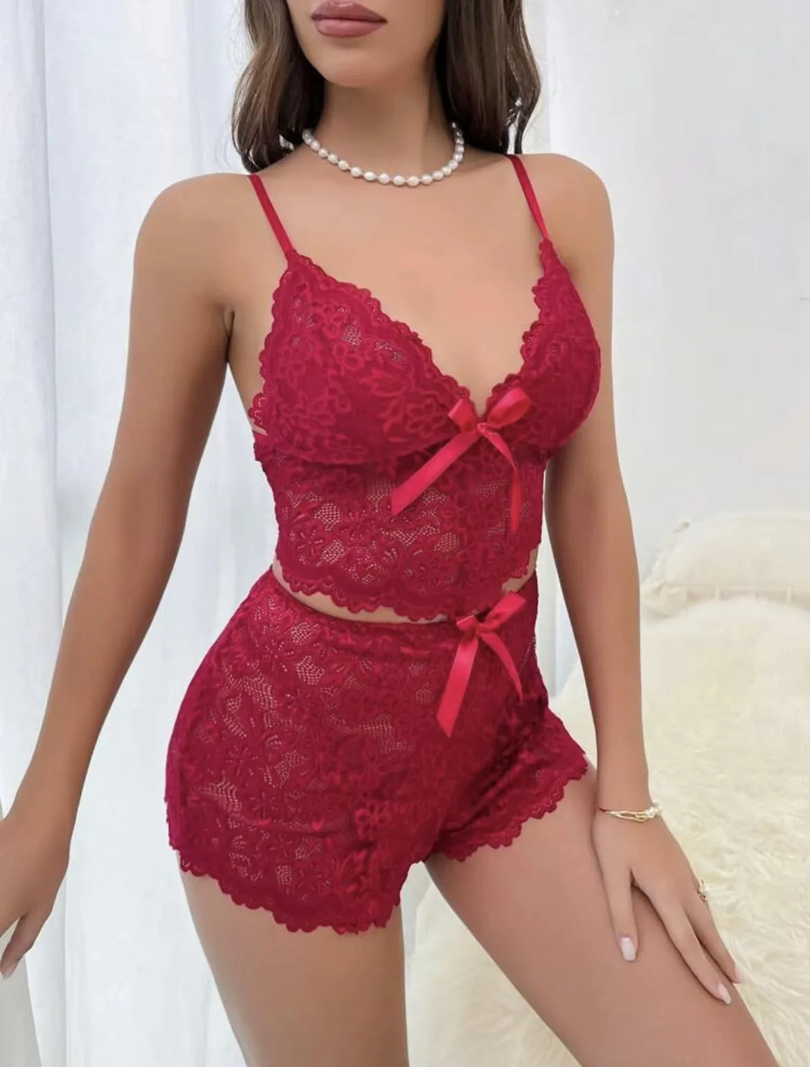Lace Lingerie Set For Women   Comfortable Strappy Short Pajamas   Sleepwear    Home Wear.