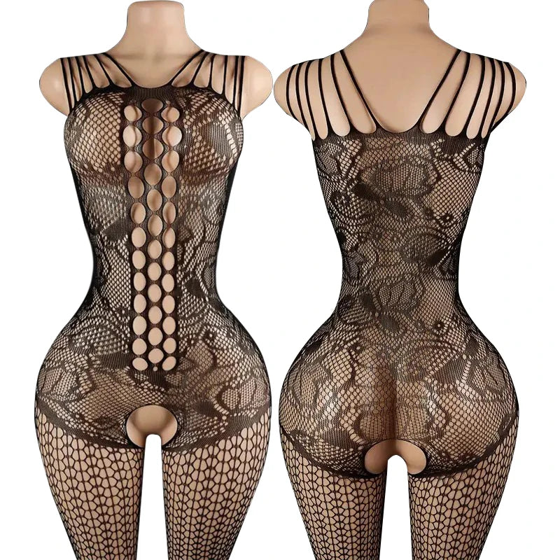 Lace Mesh Hanging Neck Bras Body Suits Erotic Crotchless Lingerie Women Deep V Halter Bodystockings Sexy Bodycon Underwear Sets