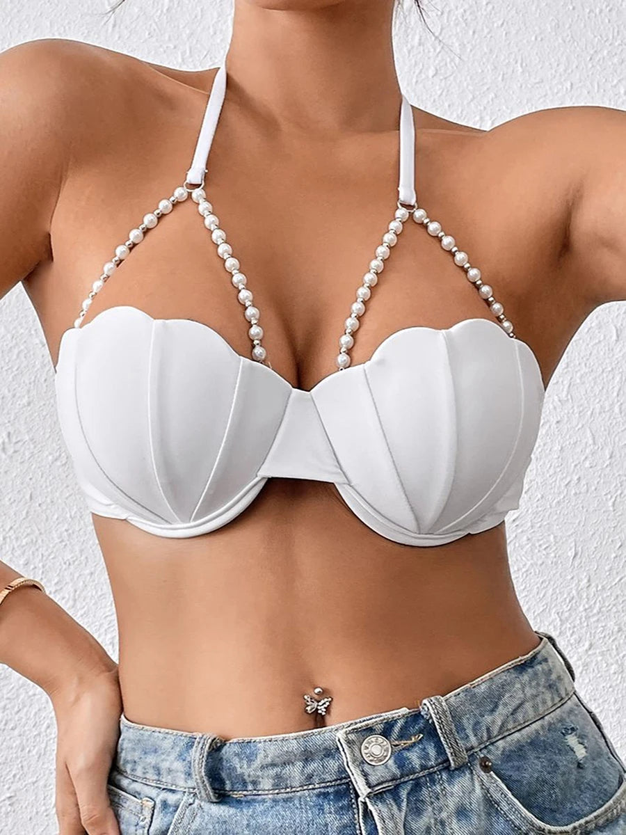 Beading Bikini Tops for Women Halter Neck Sequins Shell Bathing Suit Swim Tops Beach Style Resort Wear