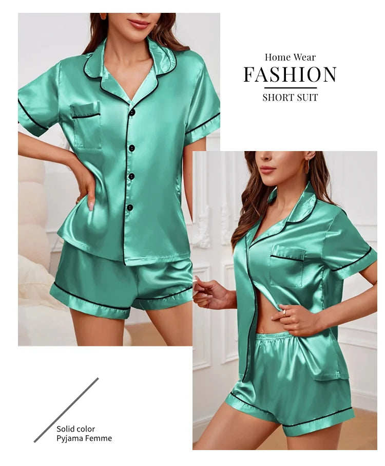 Women's Pajamas Set Summer Short Sleeve Button Down Top & Shorts Two-piece Pj Sets Sleepwear Loungewear Pyjama Femme Nightwear
