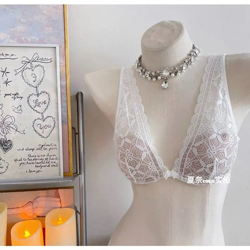 Sexy Lace Lingerie Set Deep V Plunge Bra Wireless Comfort Bralette Matching Bra Panty Set Women
