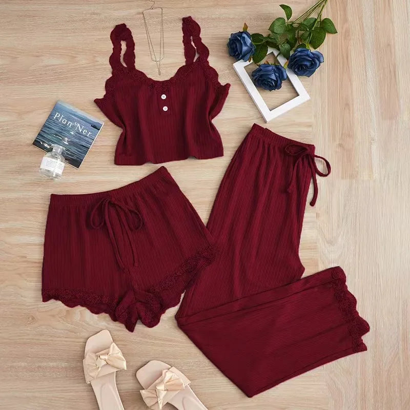 Summer 3PCS Pajama Sets for Women's Solid Vest Shorts and Pants Paired with Lace Splicing for Homewear Sexy Sleepwear Sets