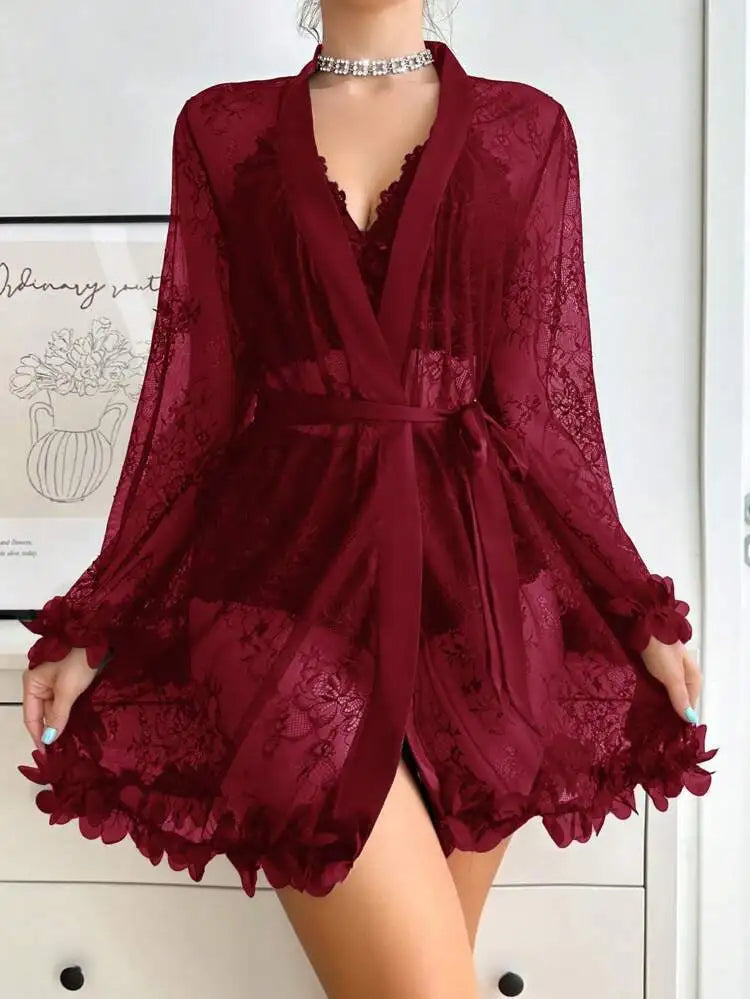 Women Sexy Robe Lingerie Set Lace V-neck Halter Bralette Underwear Suit + Transparent Mesh Bathrobe Nightwear Female Sleepwear