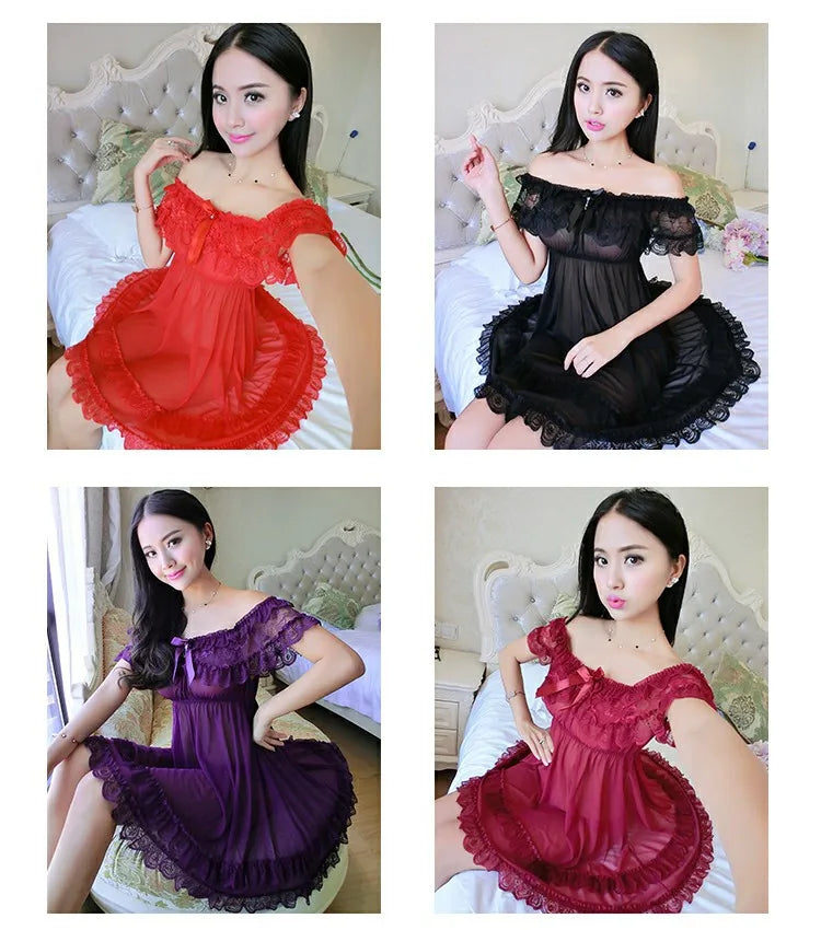 Sexy Lace Lingerie Set for Women Red Sleepwear Nightdress with Matching Panties Sheer Lace Camisole, Romantic Night
