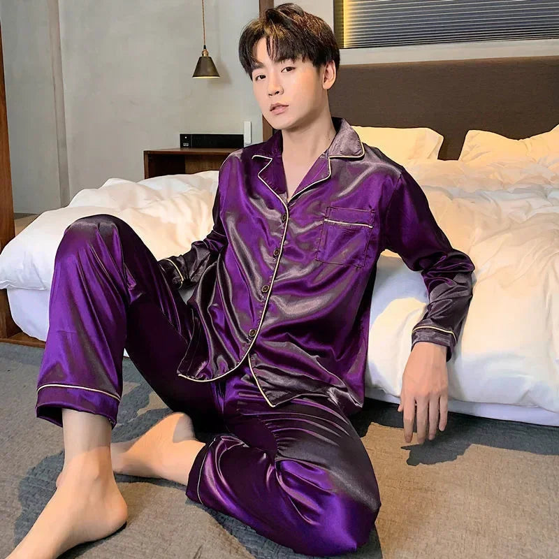High Quality Men's Casual Pajama Sets Fashion Satin Long Sleeve Lapel Tops and Pants Homewaer Suit Men Comfort Lounge Sleepwear