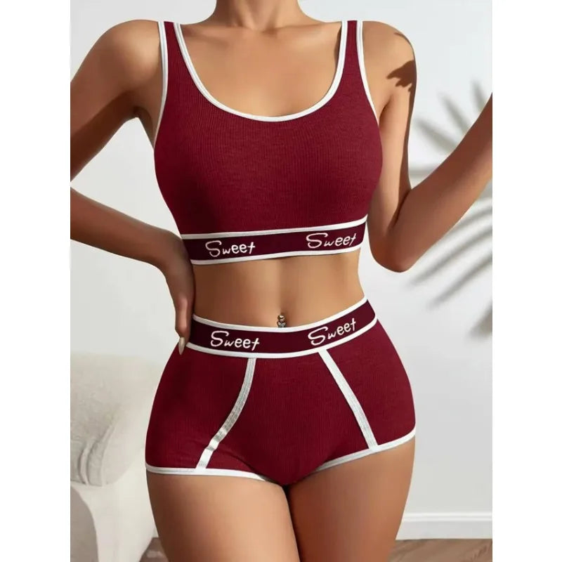 Sports Bra Sexy Wide Side Letter Suspenders Gym Bra Shorts Plus Size Tank Top Solid Color Two Piece Easy Clean Lingerie Shorts