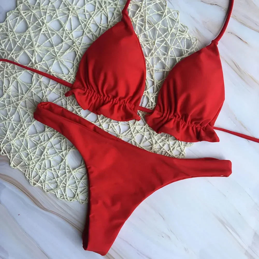 Summer Brazilian Bikini Set Women Sexy Swimsuit Bandage Top Thong Bottom 2 Pieces Set Swimwear Lace Up Beachwear