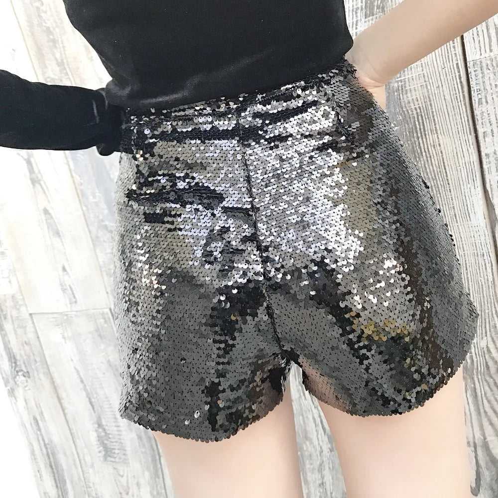 Sexy Women Sequin Shorts Summer High Waist O-Ring Zip Bodycon Shorts Feminino Skinny Party Club Festival Raves Pole Dance Shorts