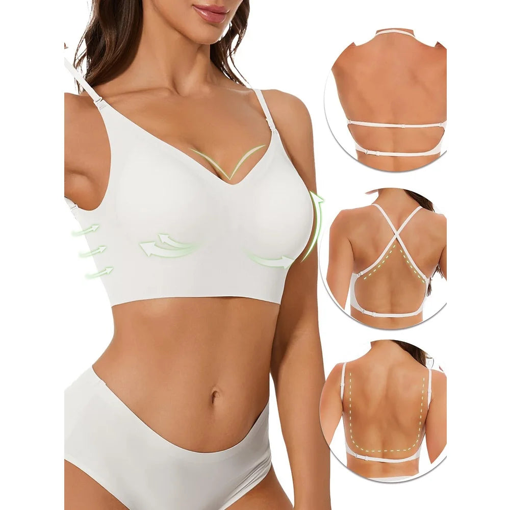Women Invisible Bra Deep U Plunge Backless Bras Top for Dresses Removeable Padded Push Up Seamless Underwear Bra