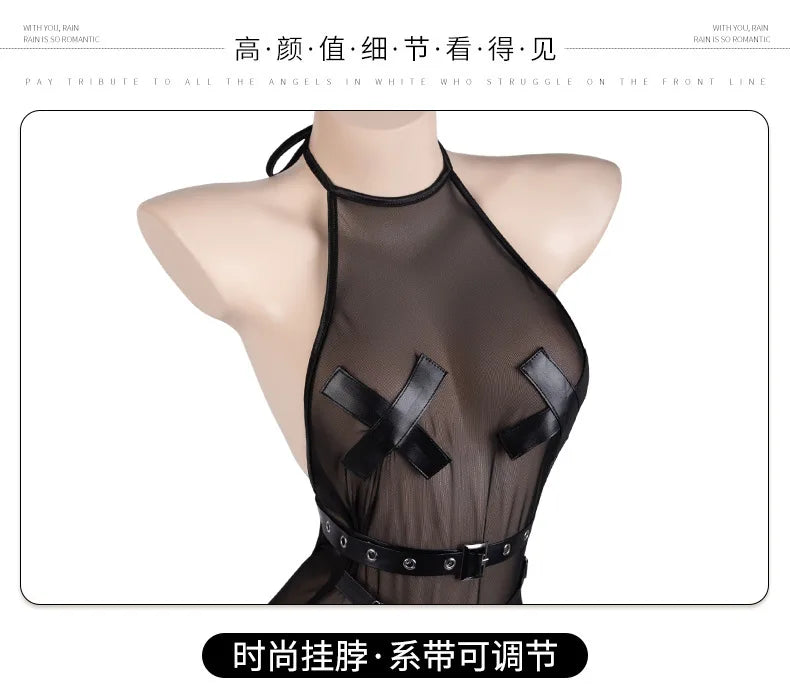 Sexy Lingerie Beautiful Fashionable Soft Gauze Perspective Sheer Opening Jumpsuit Women Rompers Clothing Body Suits Tops AHY5