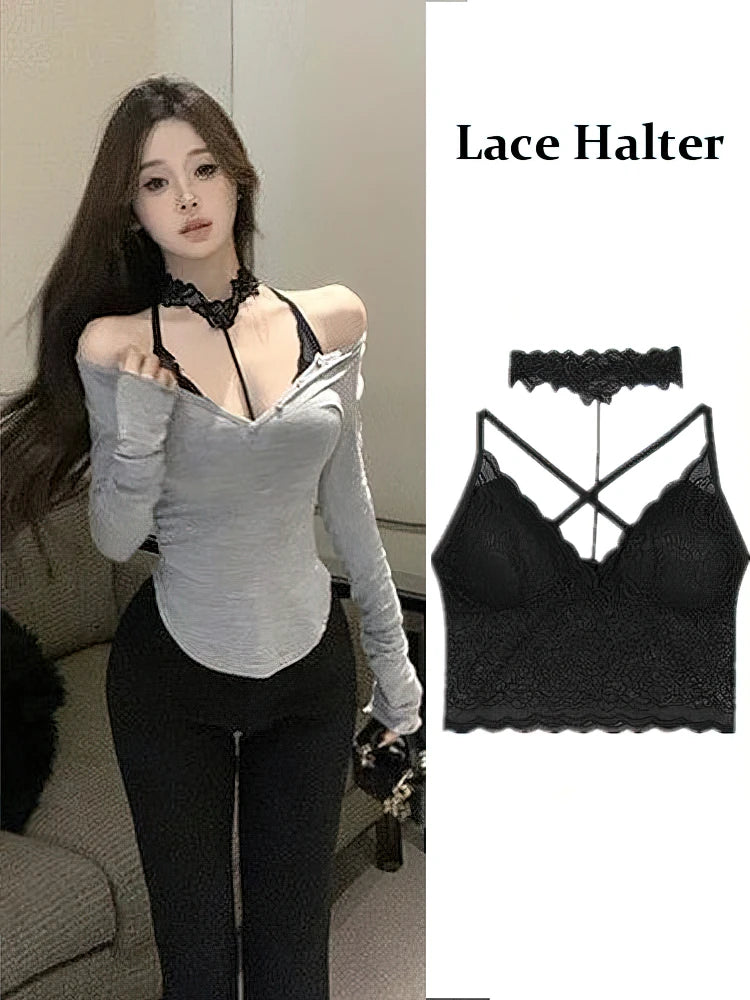 Sexy Lace 2 Piece Set Off Shoulder Long sleeve T-shirt Women Halter Corset Top Cami Top Set Basic Blouse Evening Party Outwear