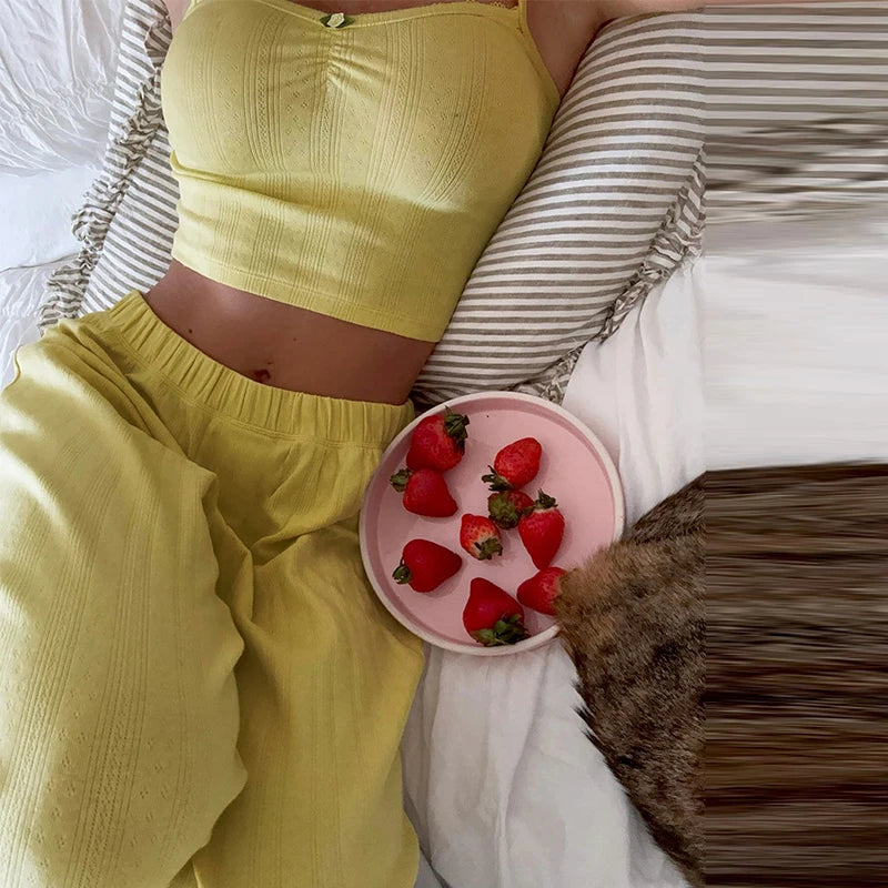 Camisole Pajama Set For Women With Long Pants Yellow Two Piece Loungewear Sleepwear For Home Casual Wear Comfortable Sexy Pajama