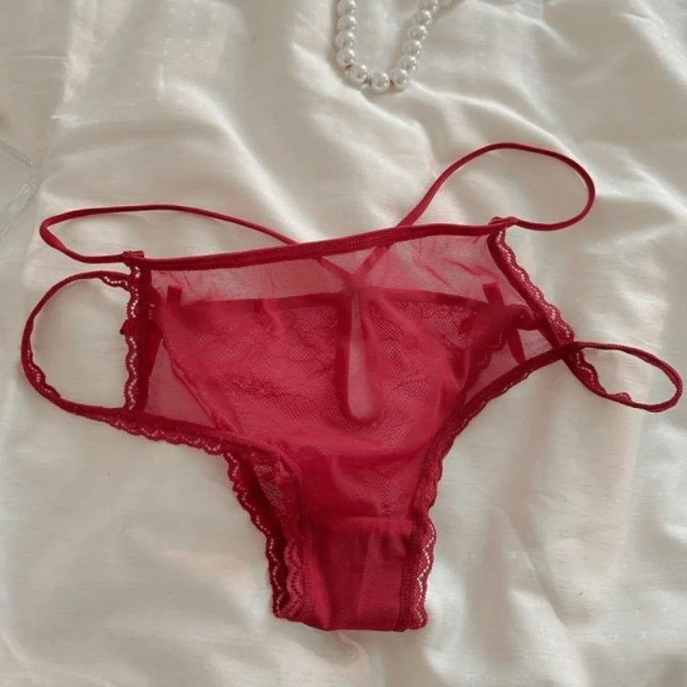 Lingerie Bow Lace Flower Panties Low Waist Hollow French Style Briefs Transparent Thin Strap Lace Mesh Briefs Gifts