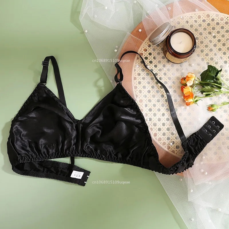 Women Satin Silk Bra Ultra-Thin Breathable Wireless Underwear Female Sexy Lingerie Top Push Up Brassiere Unlined Bra New 2025