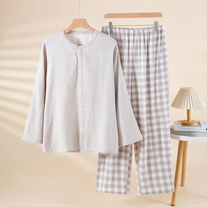 Long Sleeve Pajama Set for Men Breathable Soft Washed Cotton Sleepwear Simple Solid Top and Plaid Trousers Home Clothes 2-Piece