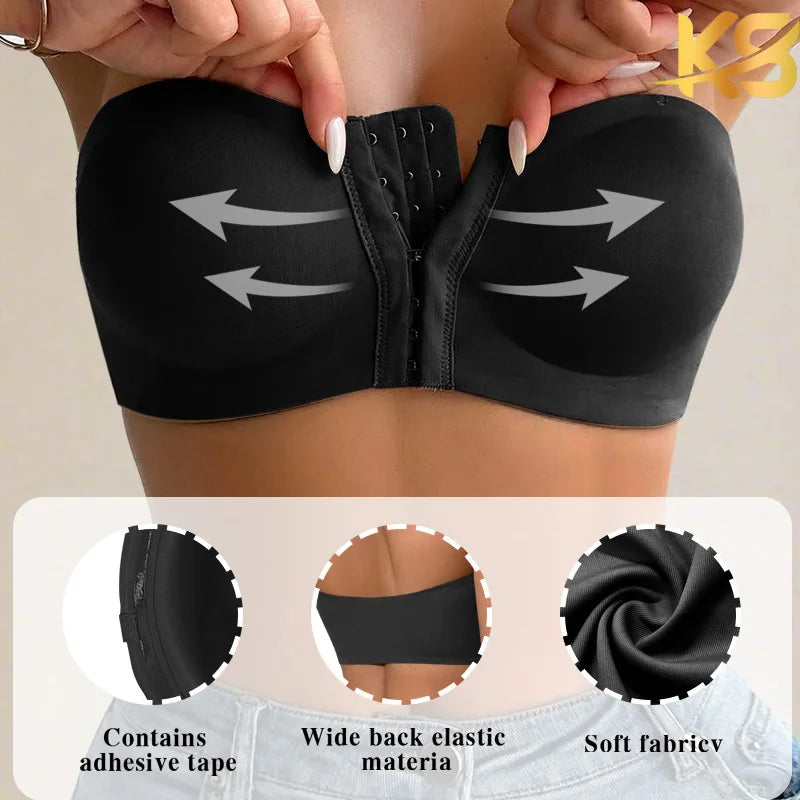 Women's Strapless Front Closure Push Up Unlined Bra Non-Slip Bandeau Brassiere Seamless Wireless Tube Top No Show Bralette