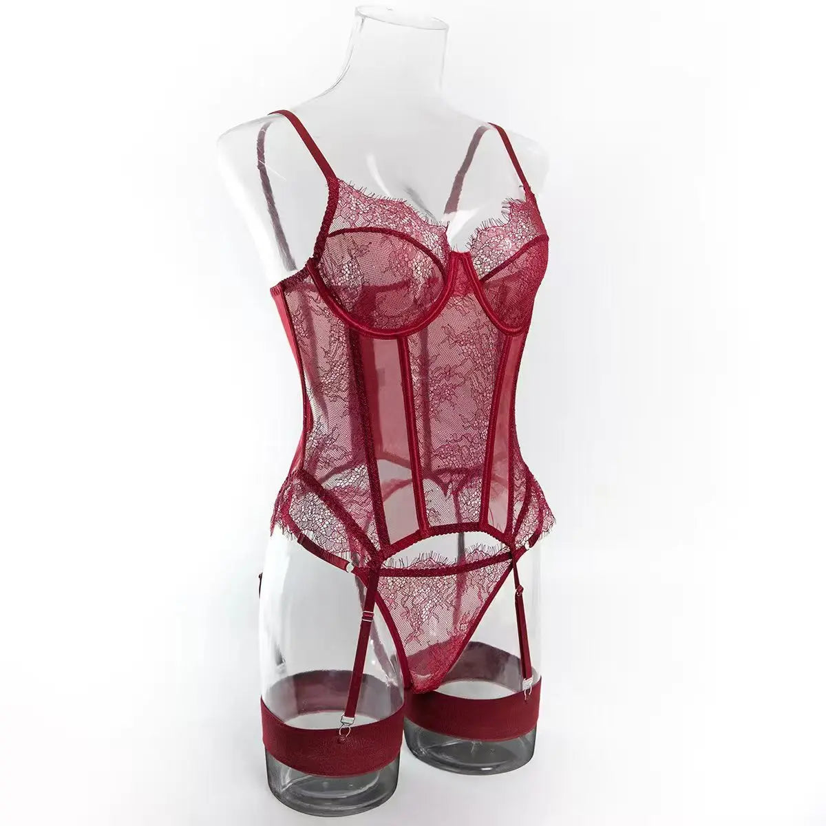 Sexy Lace Corset Lingerie Set for Women Push Up Bustier Bodysuit Boned Waist Cincher Garter Belt Stockings Erotic Underwear Set