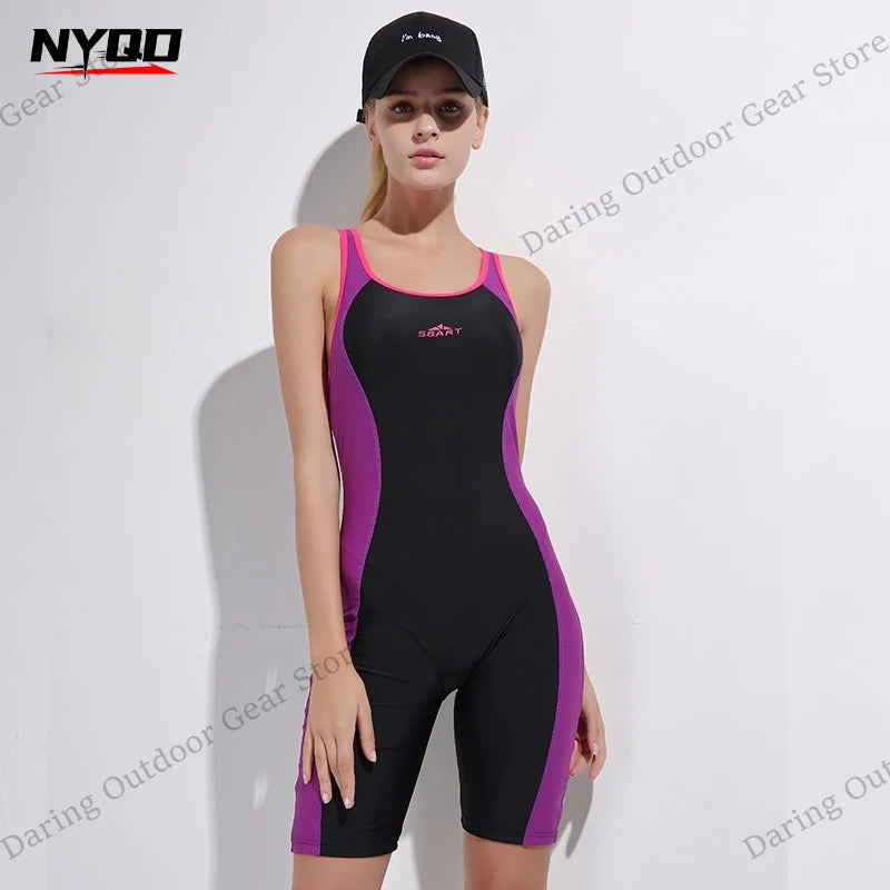 Women's One-Piece Racing Swimsuit, Athletic Quick-Dry Sleeveless Swimsuit with Shorts for Hot Spring & Diving