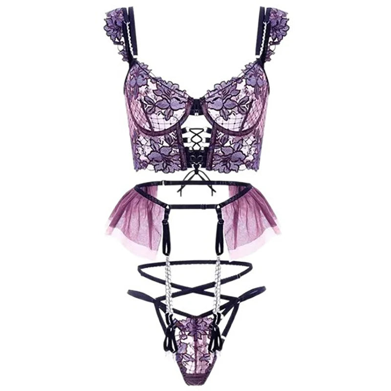 Sexy Lingerie Set Women Purple Hollow Embroidery Flower Patterns Mesh Perspective Splicing Lingerie Role Play Temptation Costume