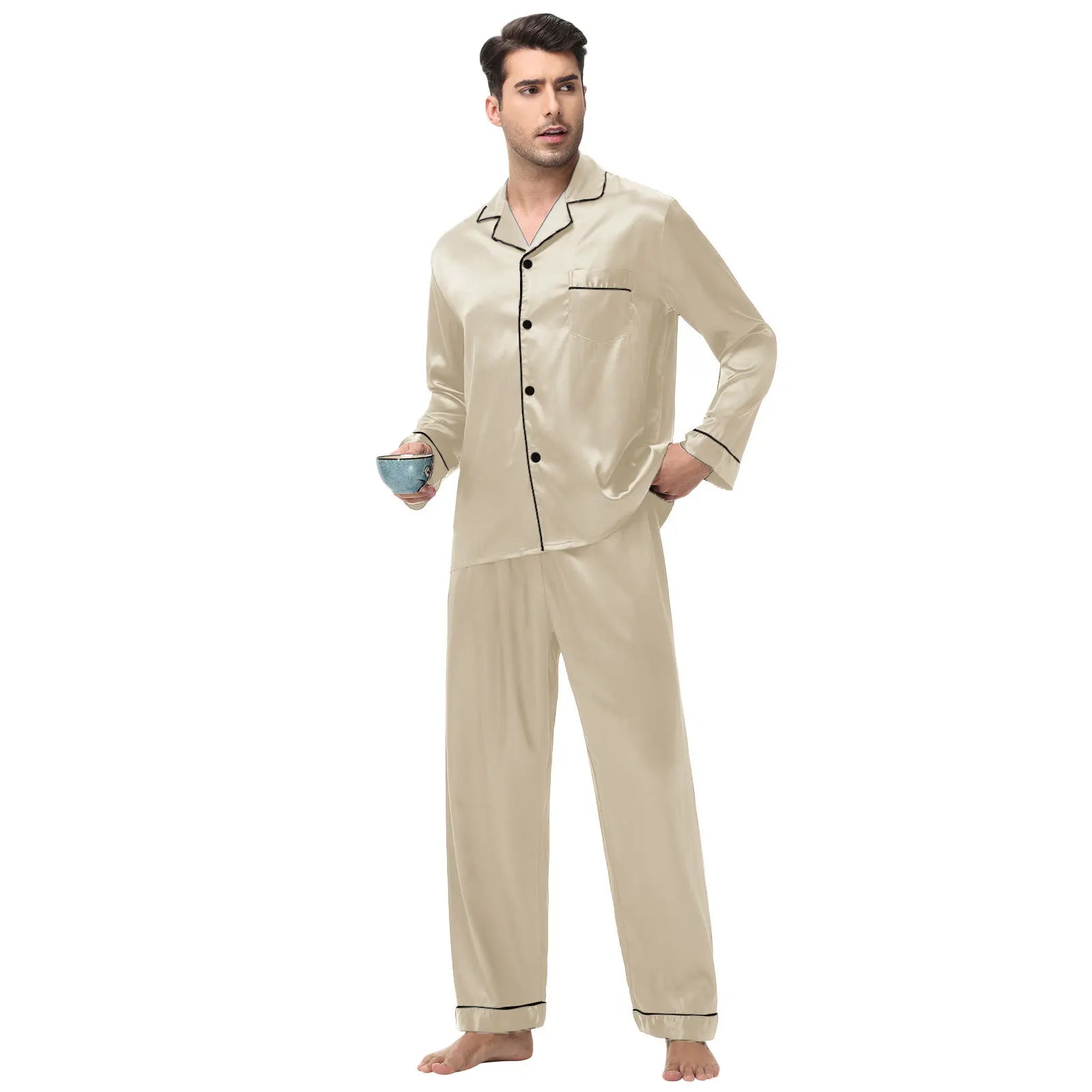 Men Pajamas Set Silk Satin Sleepwear for Man Shirt Long Sleeve Pijama Male Fashion Soft Loungewear S-2XL Size Spring Nightwear