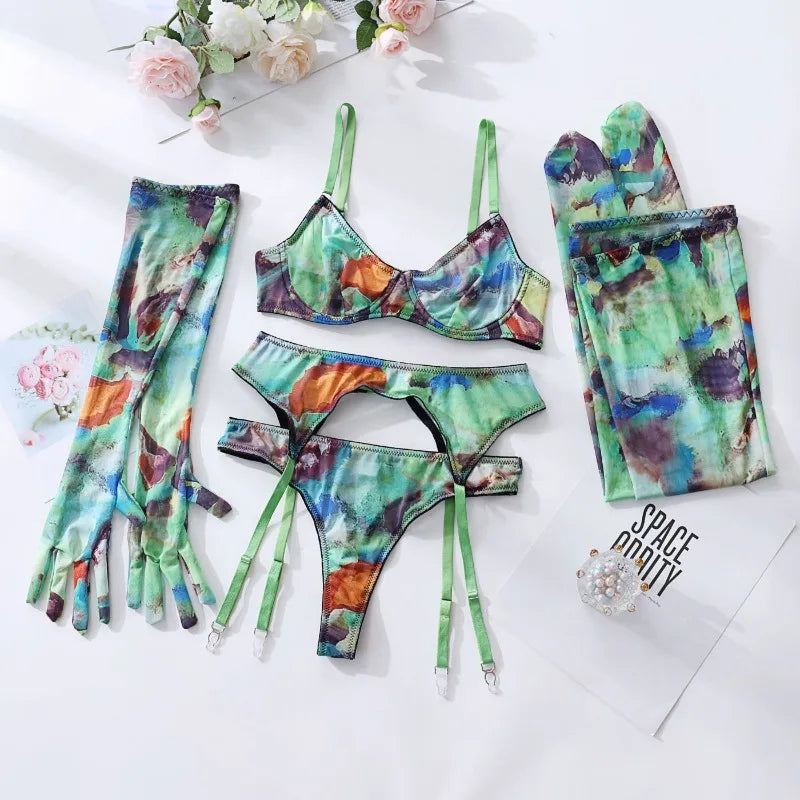 5 Pieces Lingerie Set Women Nightwear tie-dye Printed Halloween Underwear Bras Panties Golves Stocking Erotic Laungerie Set
