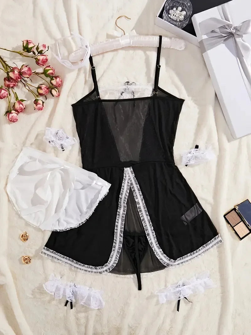 Sexy Lingerie Women Cosplay Bra Set Hot Erotic Servant Lolita Costumes French Apron Maid Dress Porn Uniform Teddy Underwear Set
