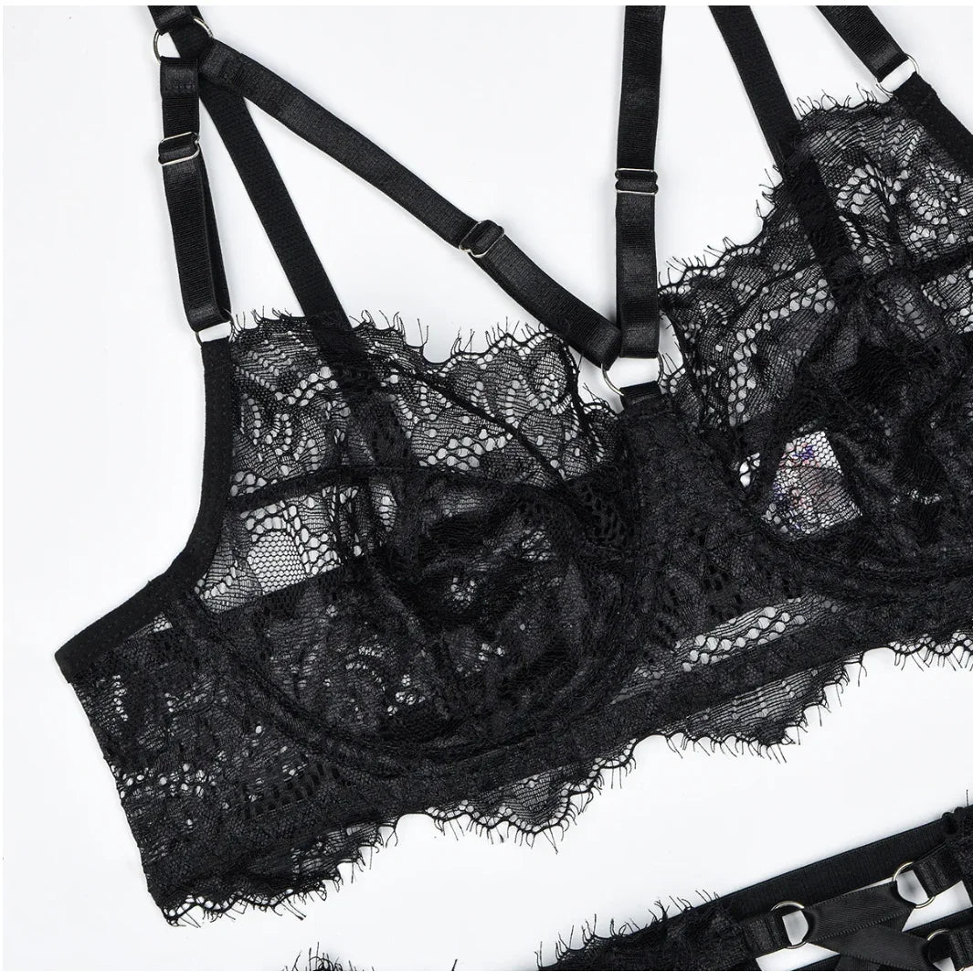 Lace Lingerie With Long Gloves See Through Bra Ruffle Suspenders Fantasy Underwear Sexiest Fancy Erotic Outfits fishnet bodysuit