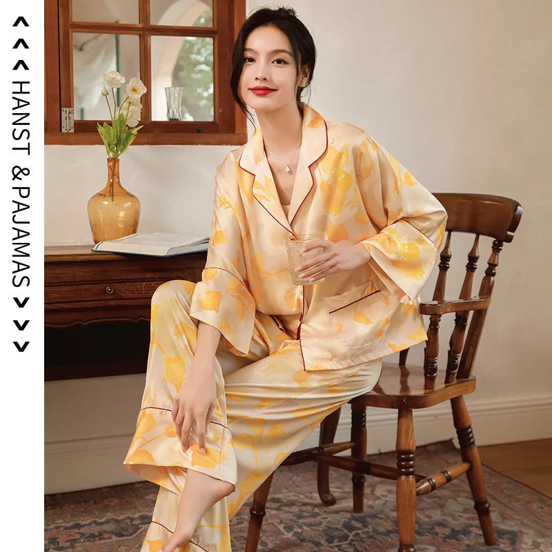 Satin Pajamas Set Spring Summer Home Suit with Pant Women's Print Pijama Suit Silk Pijama Set Sleepwear for Female Pyjamas