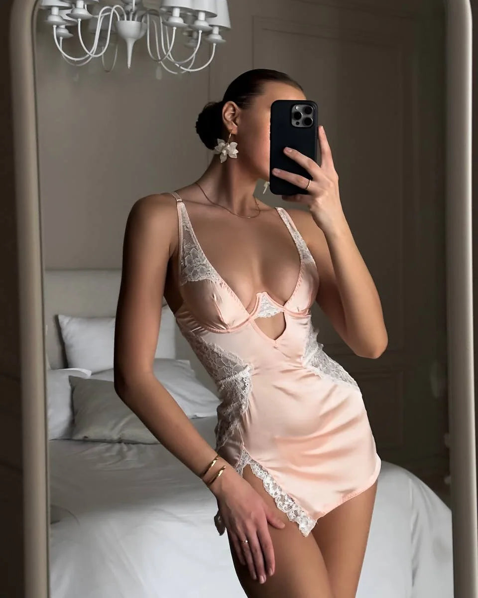 Ellolace Sexy Deep-V Neck Satin Dress Sexy Lingerie Lace Patchwork Split Sissy Night Dress Women Slip Dress Silk Nightwear