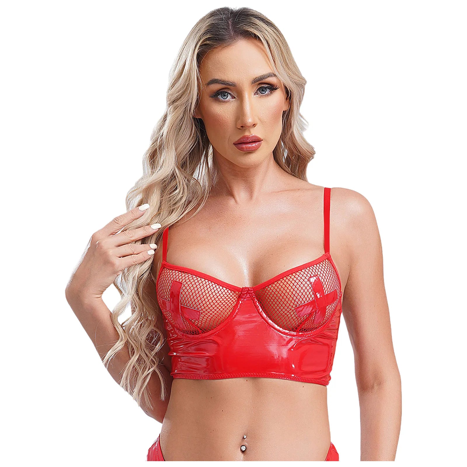 Womens Lingerie Fishnet Mesh Bra Bustier See Through Mesh Underwire Balconette Back Zipper Bras Sexy Push Up Wet Look Crop Top