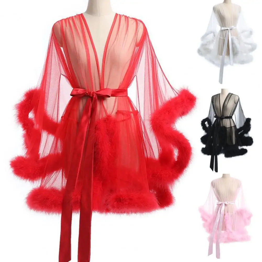 Female Sheer Shapewear Robes Fashoin Long Sleeve Plush Spliced Thin Lingerie Women Lace Up Erotic Midi Long Sexy Robes